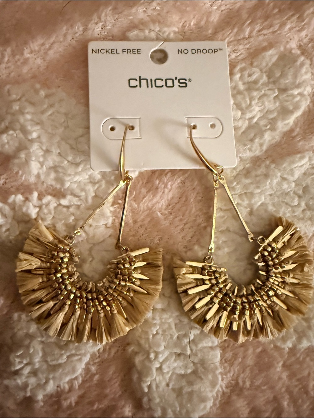 Chico's Gold Raffia Fan Fringe Drop Earrings Nickel Free